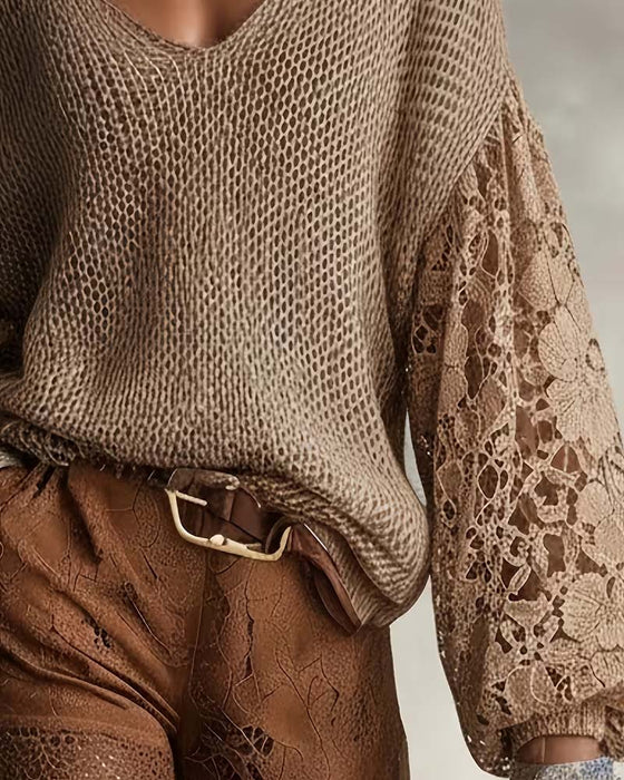 Pullover Kant Uitsnijding Patchwork Lantaarnmouw