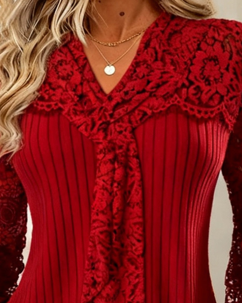 Effen Blouse Met Strikdas En Gestreept Patroon