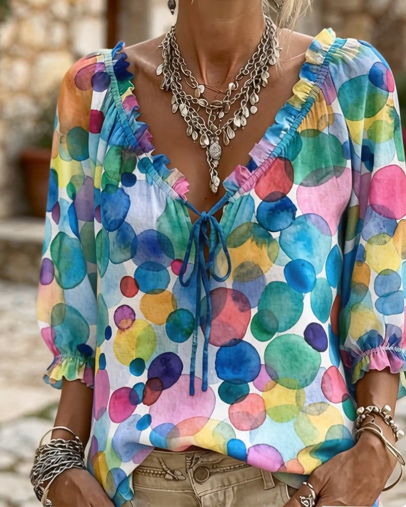 Blouse V-Hals Met Ruche Mouwen