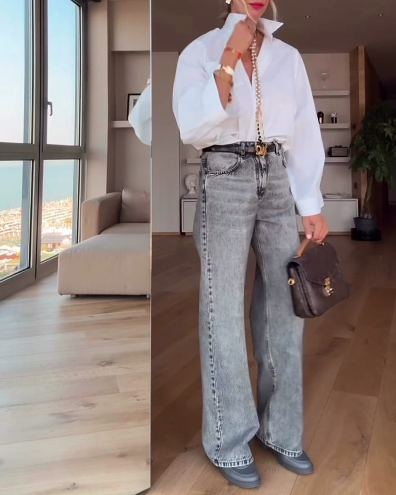 Overhemd Revers Effen Kleur Casual