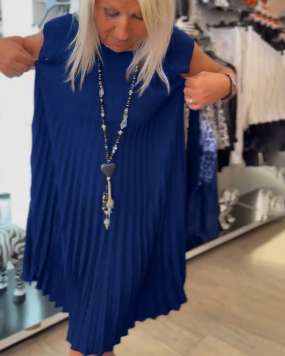 Ronde hals effen plooi casual jurk