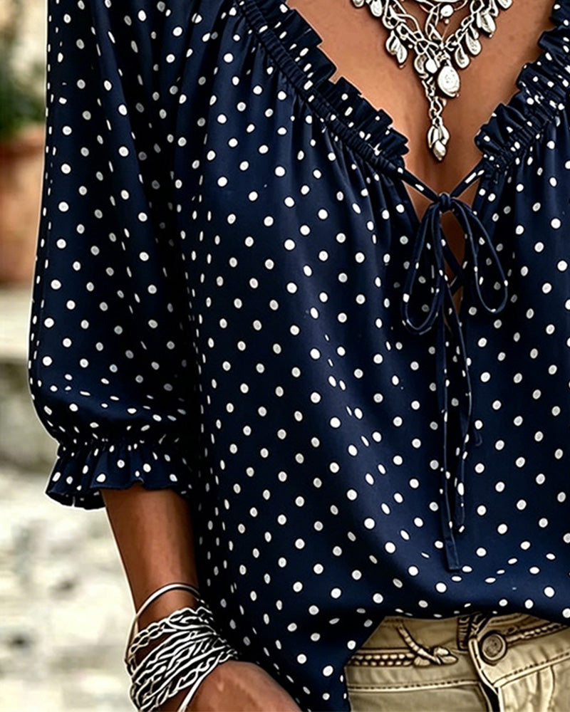 Blouse V-Hals Ruffle Polka Dot Strik