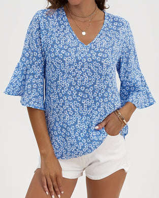 Blouse V-Hals Floraal Vlinder Mouw