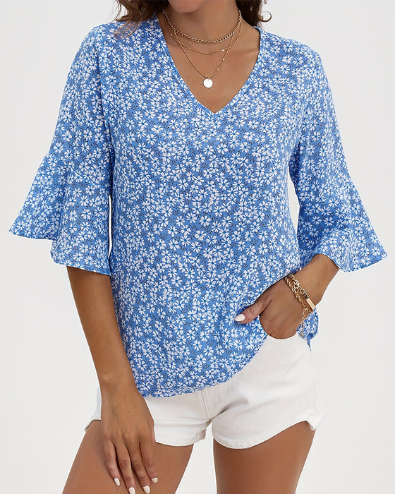 Blouse V-Hals Floraal Vlinder Mouw