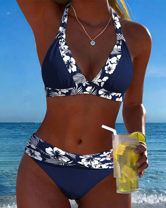 Bikini Diepe V Blauw Wit Druk Driehoek