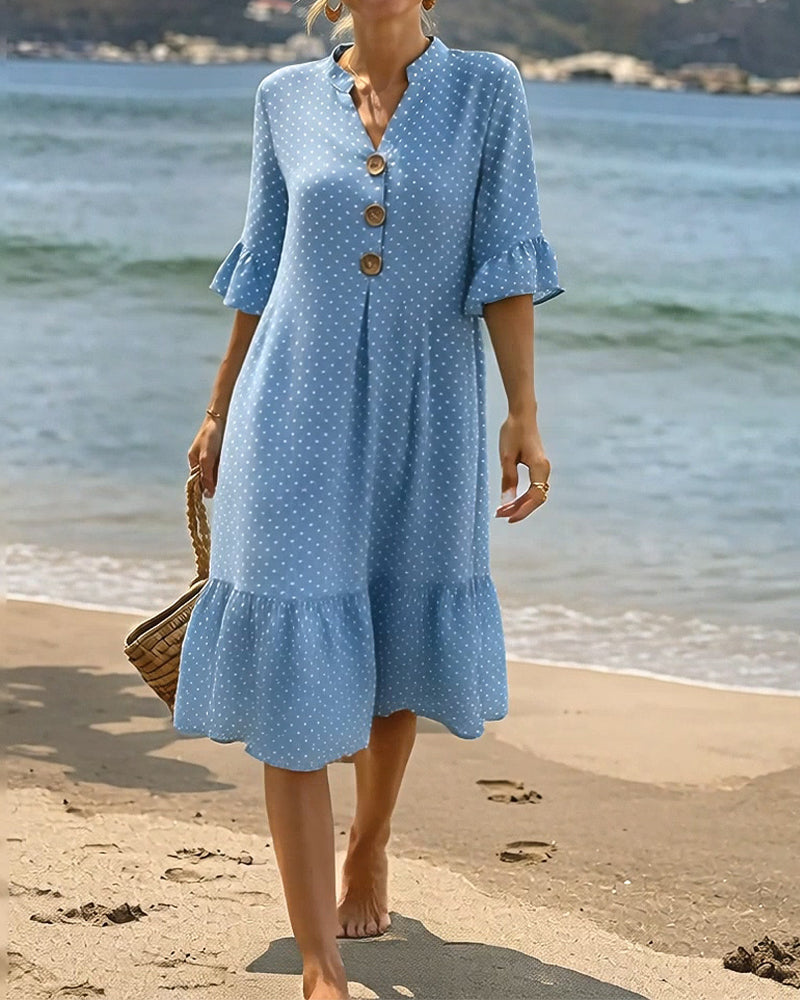 Jurk Polka Dot V-Hals Geruwde Mouw