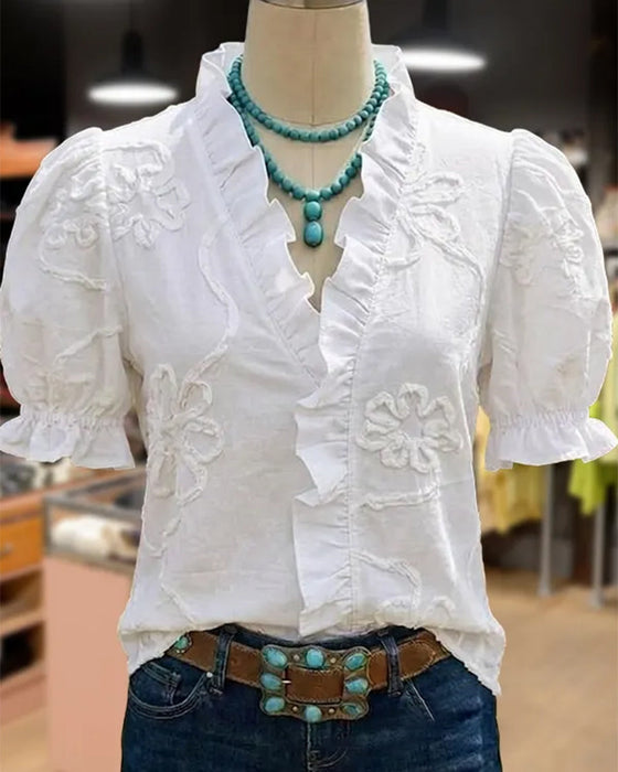 Blouse V-Hals Ruche Rand Pofmouw