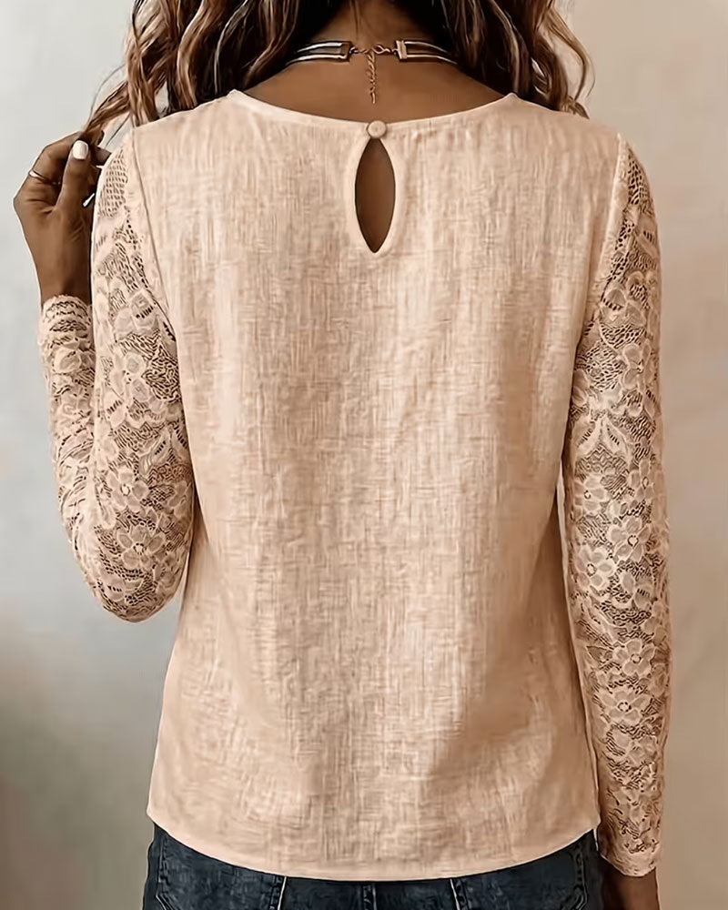 Blouse Ronde Hals Geknoopt Kant Patchwork Lange Mouw