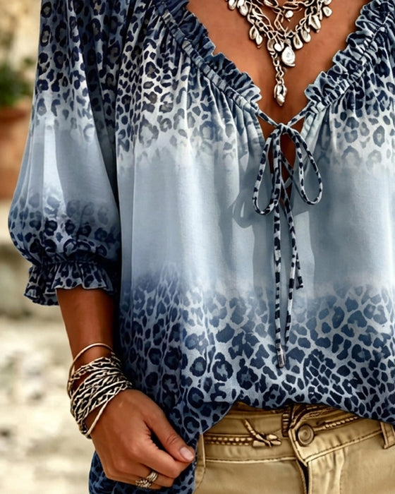 Blouse V-Hals Luipaardprint Vetersluiting