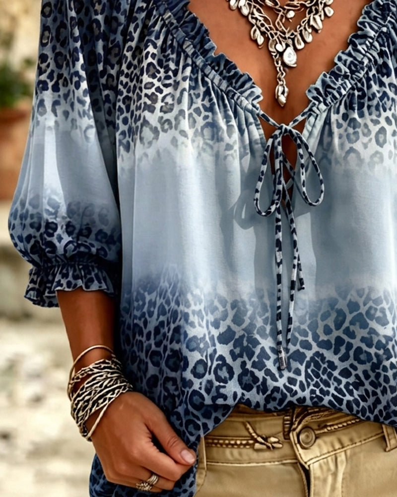 Blouse V-Hals Luipaardprint Vetersluiting