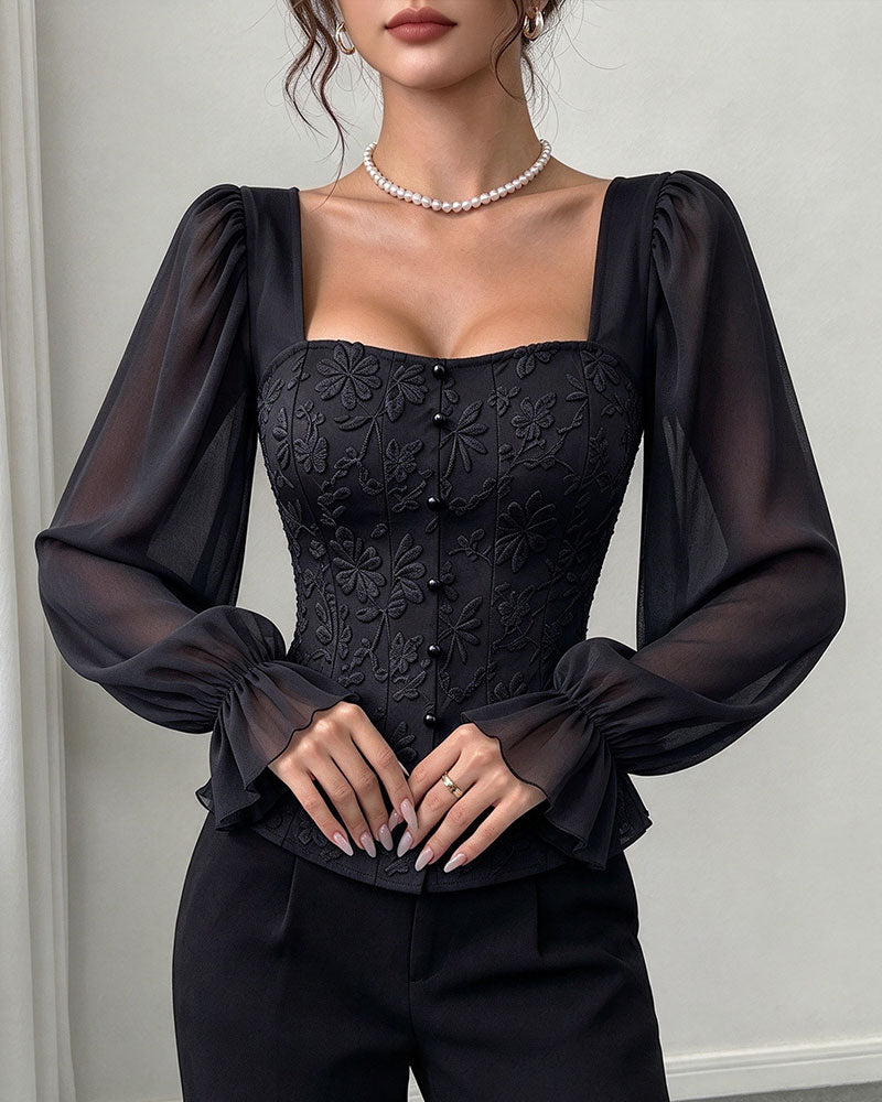 Blouse Vierkante Kraag Knoop Gerimpeld