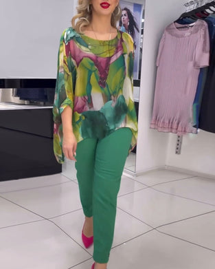 Blouse met ronde hals en vleermuismouwen met print