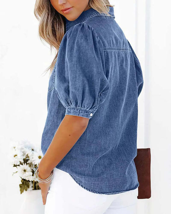 Overhemd Drukknoop Denim Lantaarn Mouw Los
