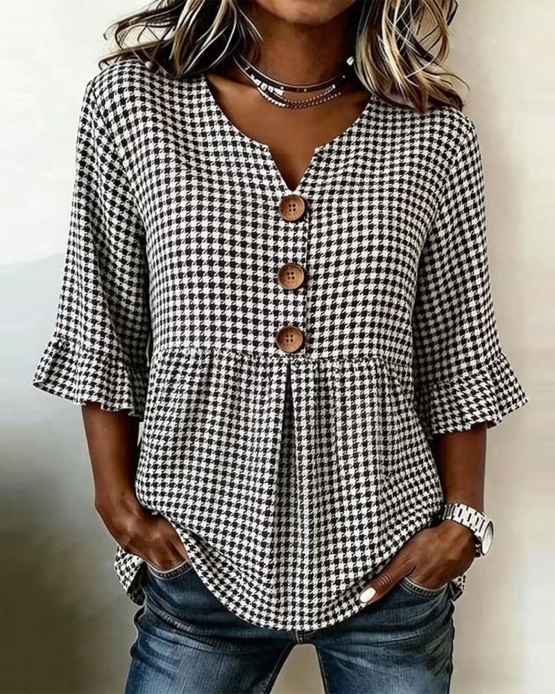 Blouse Ruitjesmotief Drieknoops Casual