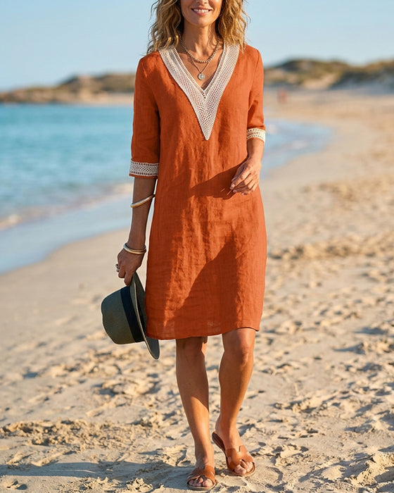 Jurk Driekwart Mouw V-Hals Kant Patchwork