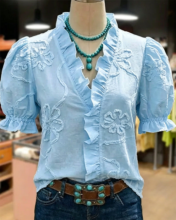 Blouse V-Hals Ruche Rand Pofmouw