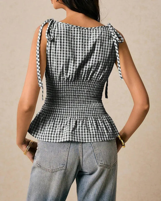 Blouse Mouwloos Ruitjes Binden Taille