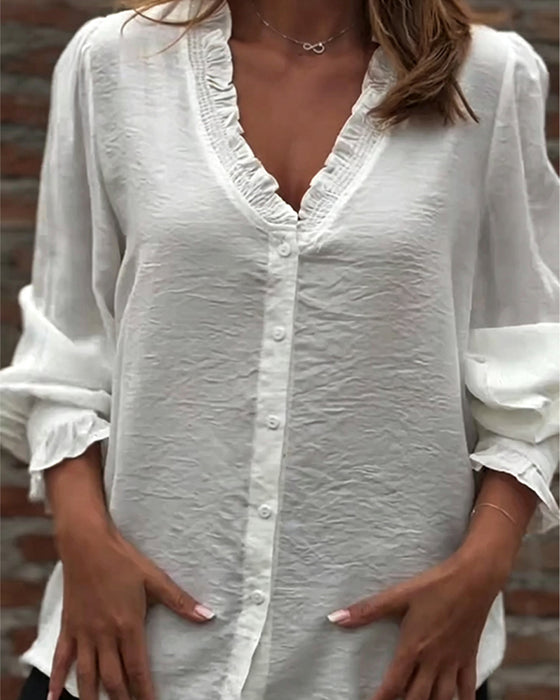 Blouse V-Hals Knoop Voor Ruffle Pofmouw