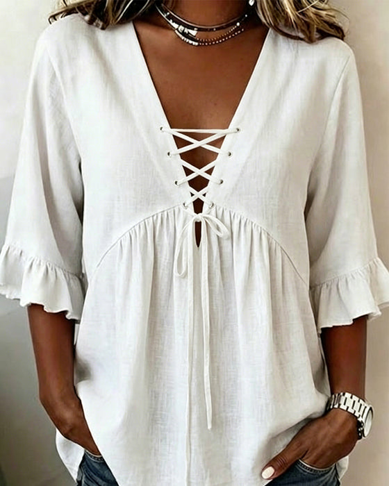 Blouse Effen V-Hals Ruches