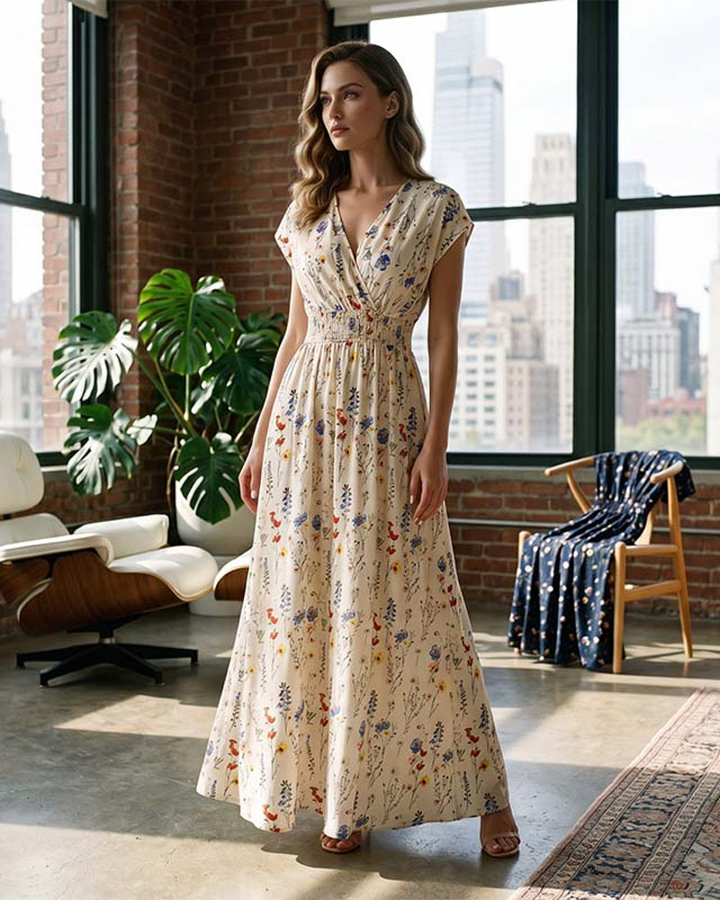 Casual Bedrukte Maxi Jurk V-Hals