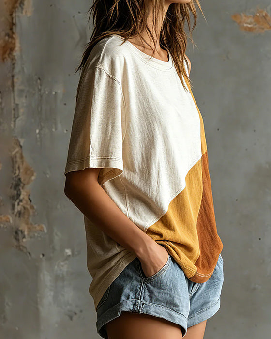 T-Shirt Kleurblok Off-Schouder Los