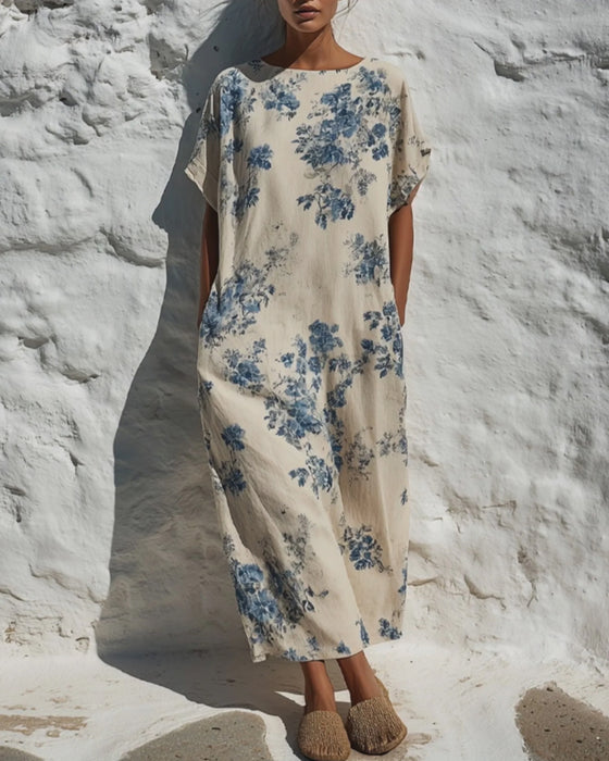 Jurk Ronde Hals Vintage Blauw Floral