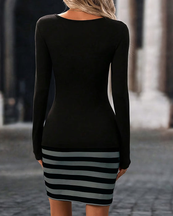 Jurk Lange Mouw Patchwork Streep Bodycon