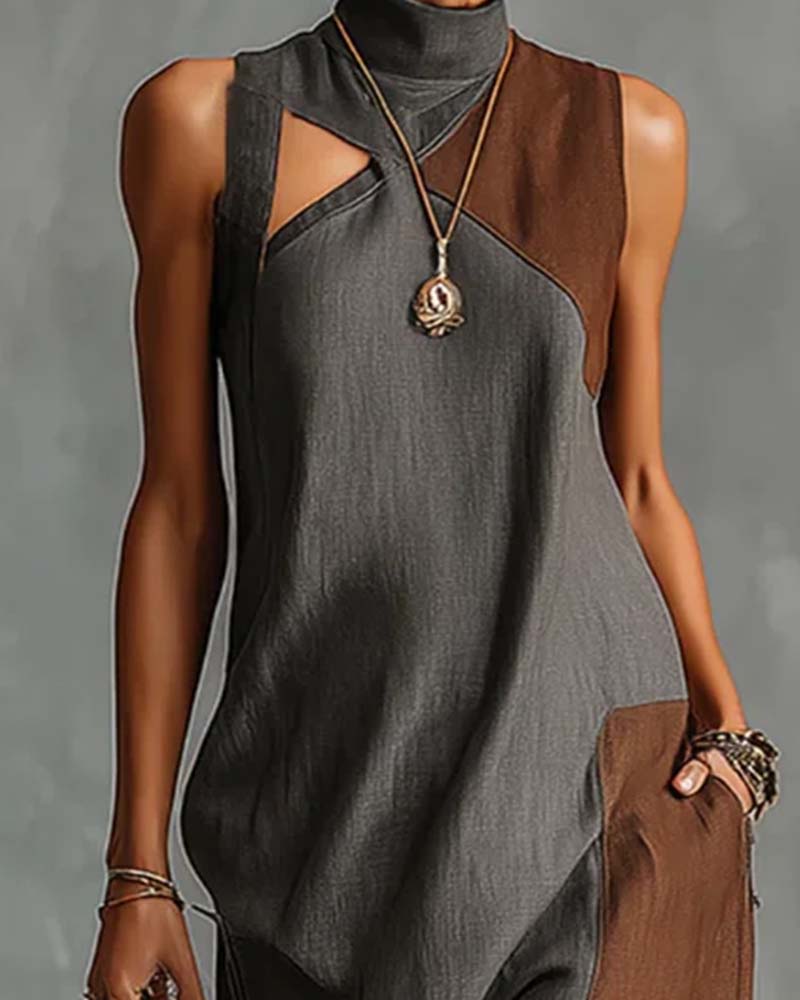 Jurk Hoge Hals Asymmetrisch Patchwork Mouwloos