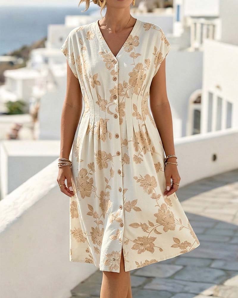 Jurk V-Hals Print Getailleerde Taille Knoopsluiting Voorzijde