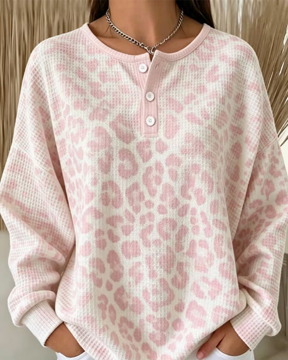 Sweatshirt Ronde-Hals Knoop-Down Luipaard Casual