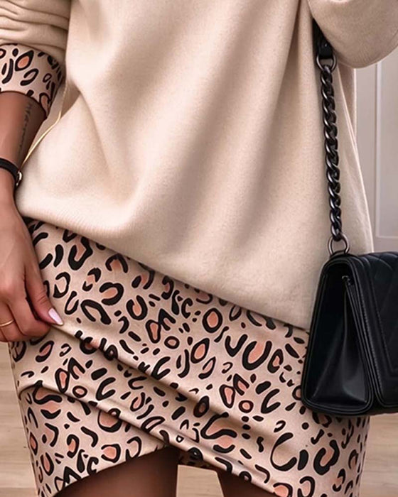 Jurk Hoge Kraag Luipaardprint Slim