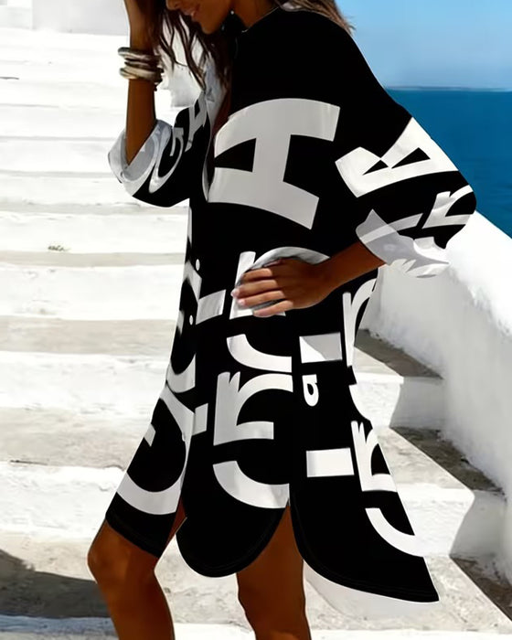 Jurk Letter Print Knoop Lange Mouw