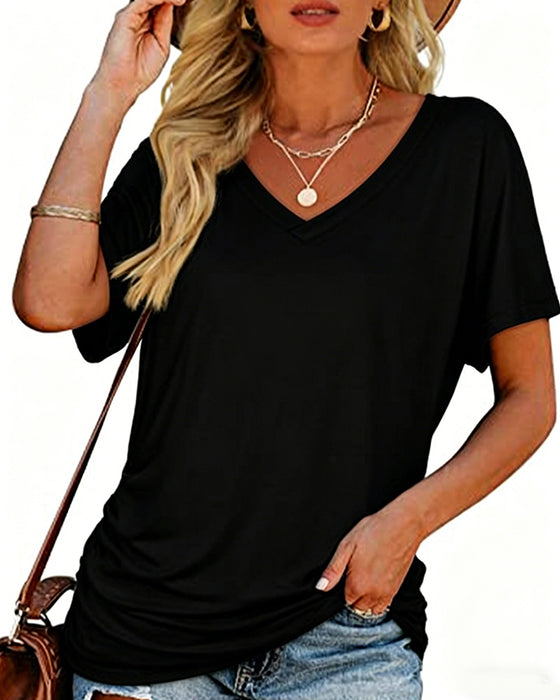 T-Shirt Geplisseerd Effen V-Hals