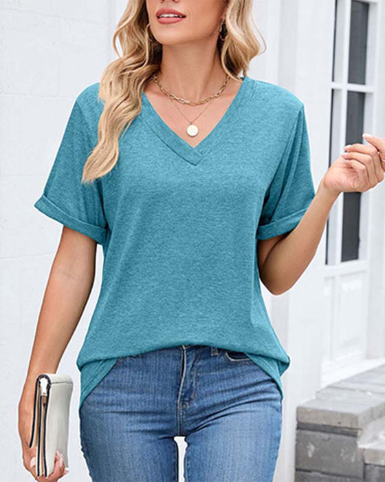T-Shirt Effen V-Hals Casual Korte Mouw