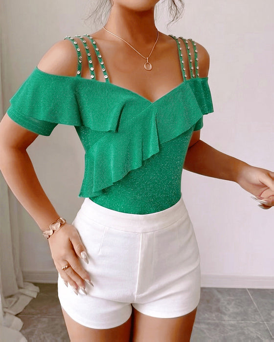 T-Shirt Diamantenbandjes Gerimpeld Off-Shoulder V-Hals