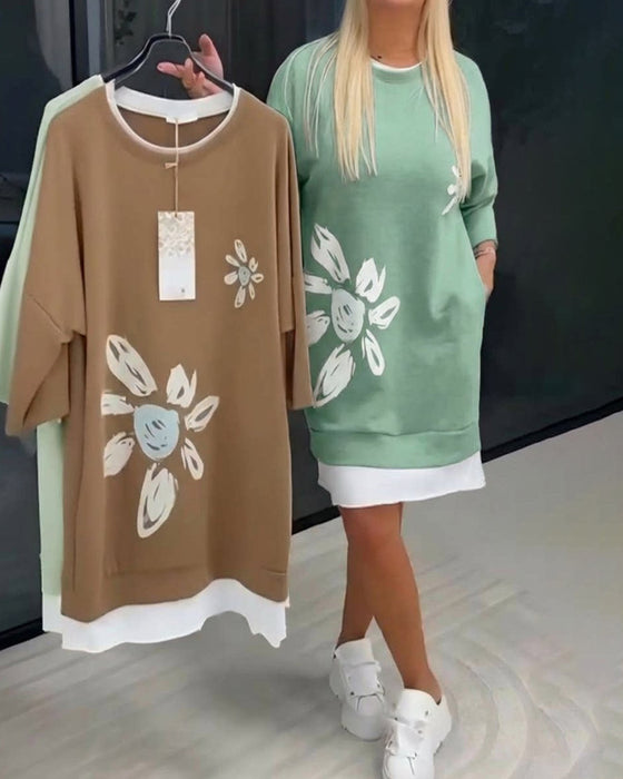 Sweatshirtjurk Ronde Hals Bedrukt Patchwork