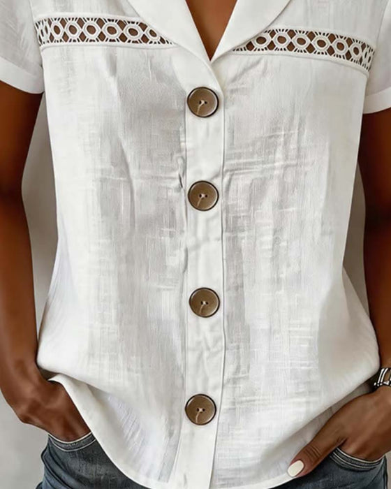Blouse V-Hals Knoop Uitsnijding Effen