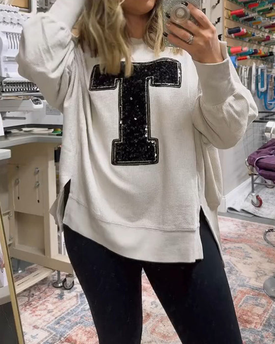Sweatshirt T-Design Pailletten Geborduurd Ronde Hals