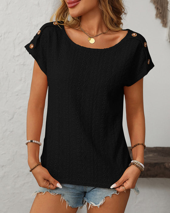 Blouse Ronde Hals Knop Uitsnijding Korte Mouwen