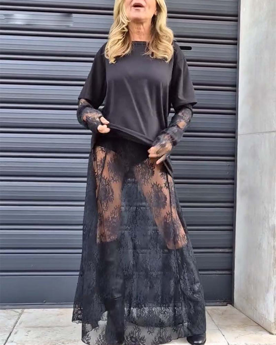 Tweedelige set: effen T-shirt en kanten rok