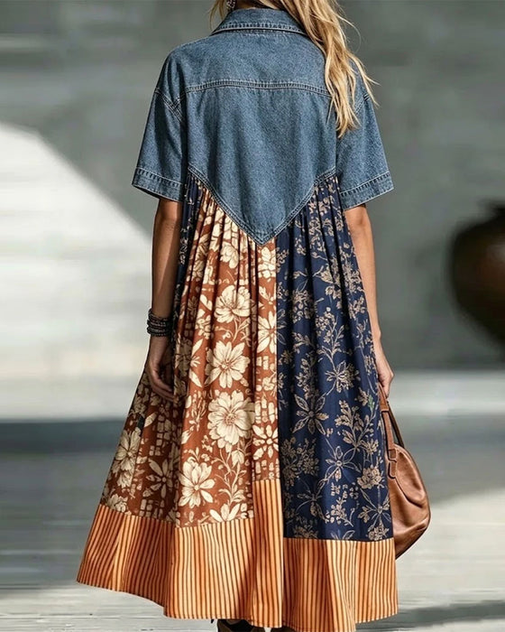 Jurk Overhemdkraag Bloemig Contrast Denim Patchwork