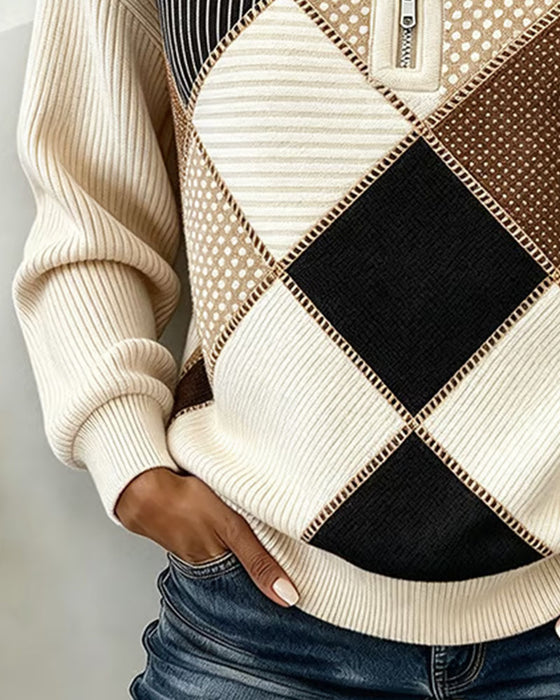 Sweatshirt Kraag Rits Gestreept Ruitpatroon