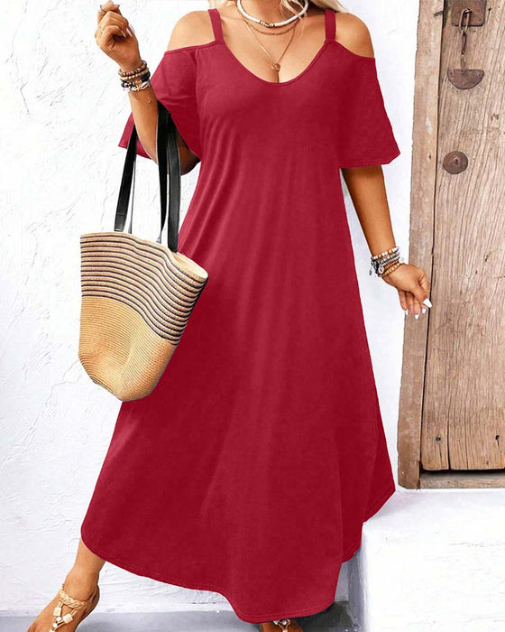 Jurk Effen V-Hals Off-Shoulder Lang