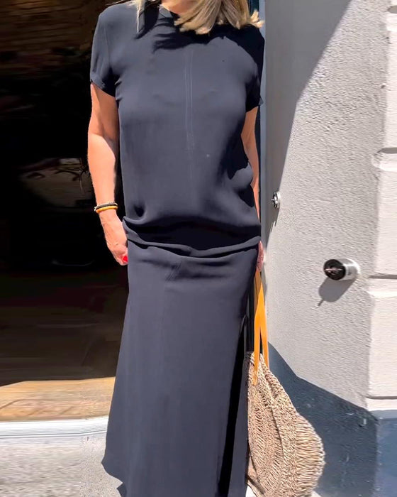 Elegante jurk met korte mouwen in effen kleur