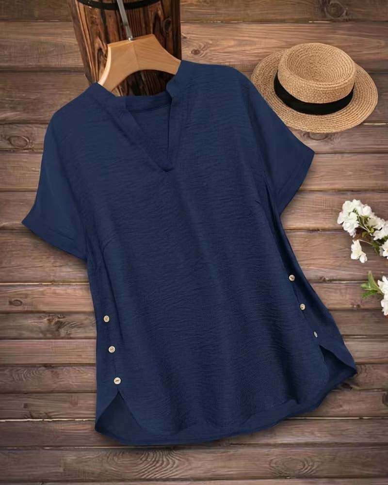 Blouse Effen Zijsplit Korte Mouw