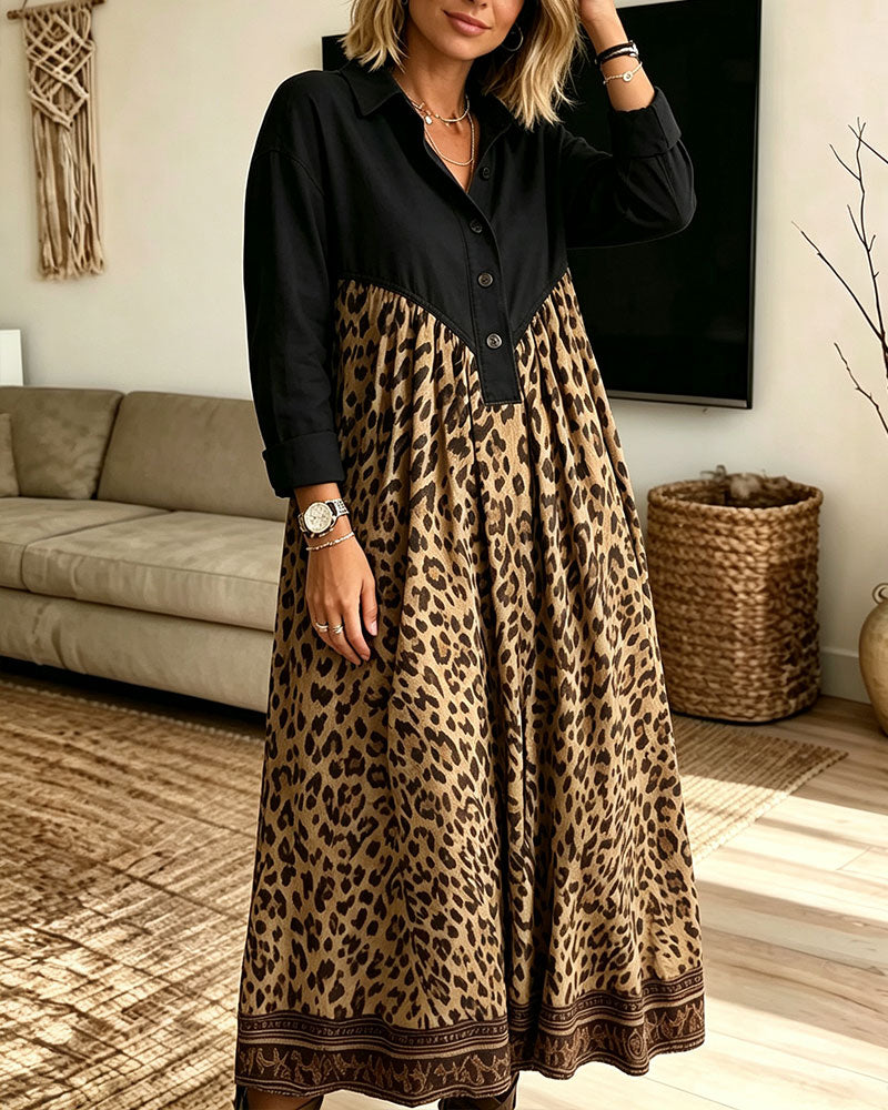 Jurk Overhemdkraag Knoopsluiting Luipaardprint Zak