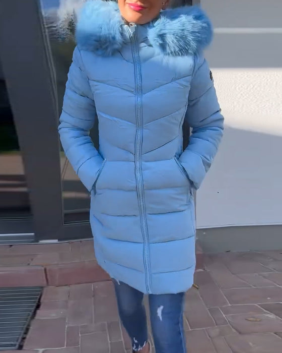 Casual effen kleur gewatteerde jas met ritszak en capuchon