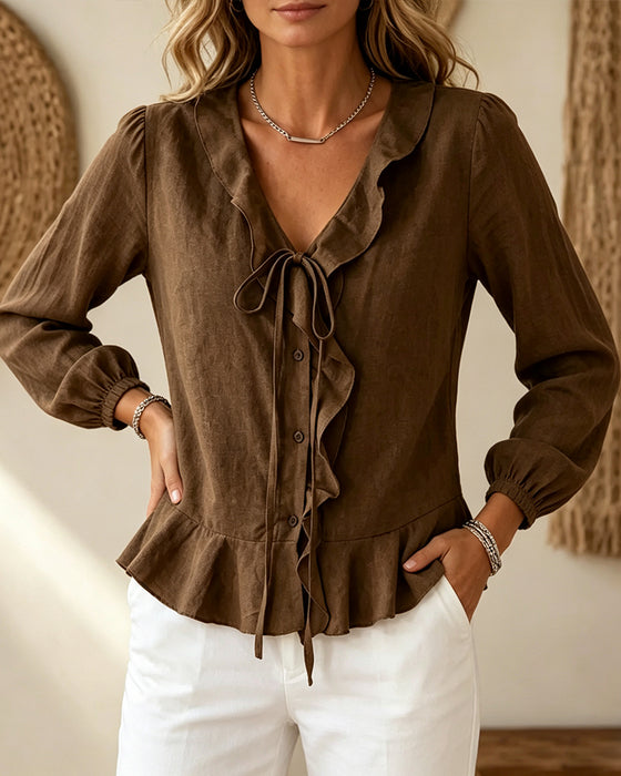 Blouse V-Hals Ruffle Stropdas Lange Mouw