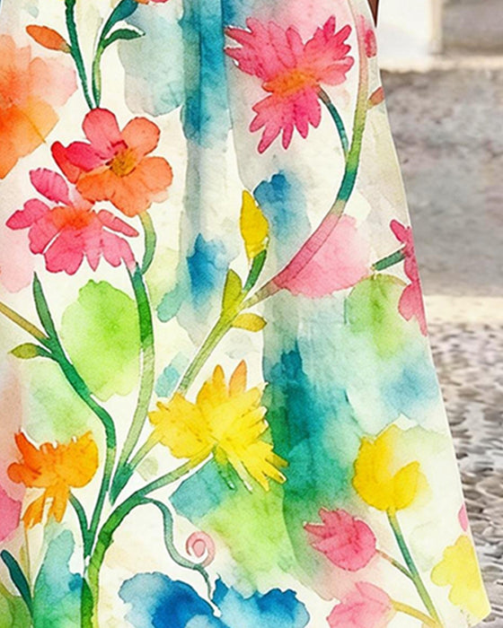 Jurk Aquarel Bloemenprint Ronde Hals