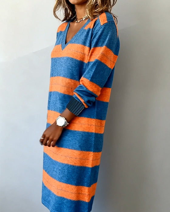 Jurk V-Hals Kleurrijk Gestreept Gebreid
